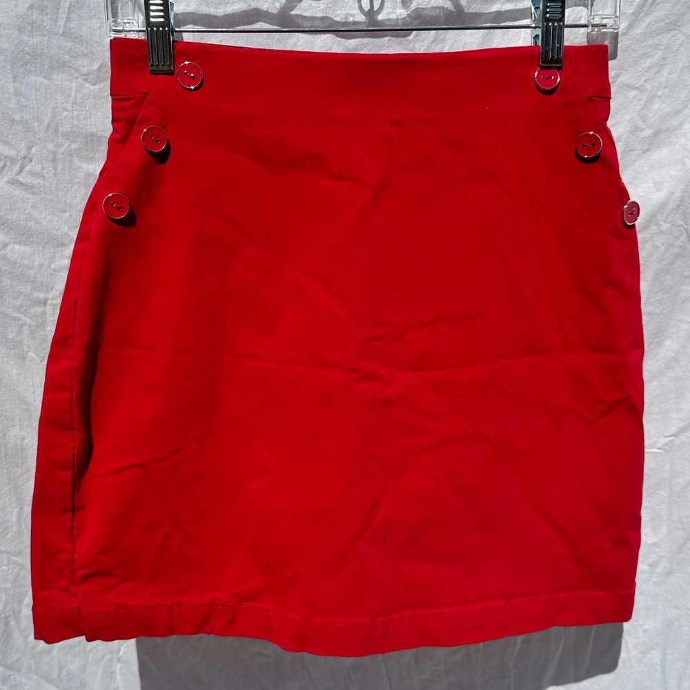 Vibrant Red Mini Skirt w Gold Accent Buttons and Built In Short/Skort